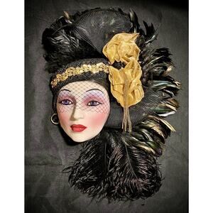 Clay Art - Art Deco 20’s Woman - Black & Gold Feather, Sequin, Bead - Wall Mask